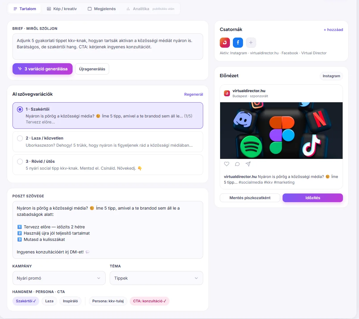 Poszt-szerkesztő: brief, AI-szövegvariációk és élő Facebook/Instagram előnézet.